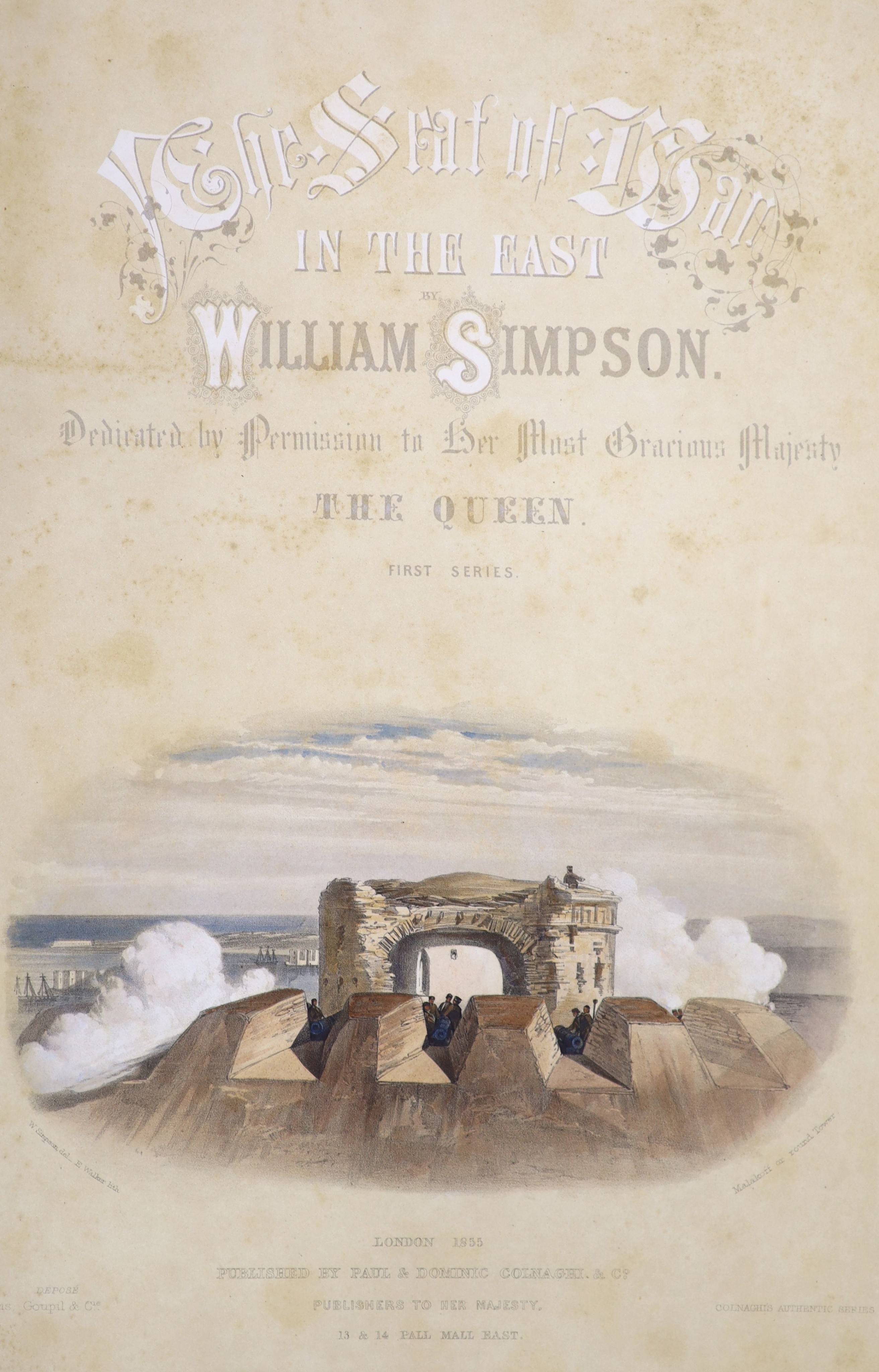 Simpson, William - The Seat of War in the East, 2 parts in 1 vol, folio, half red morocco, with engraved title (foxed) and 79 tinted litho plates, bookplate of William Allan, who served with the 41st regiment in the Crim